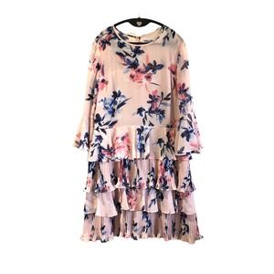 Eliza J Dress Size 12 Bell Sleeves Tiered Ruffle Chiffon Blush Pink Floral